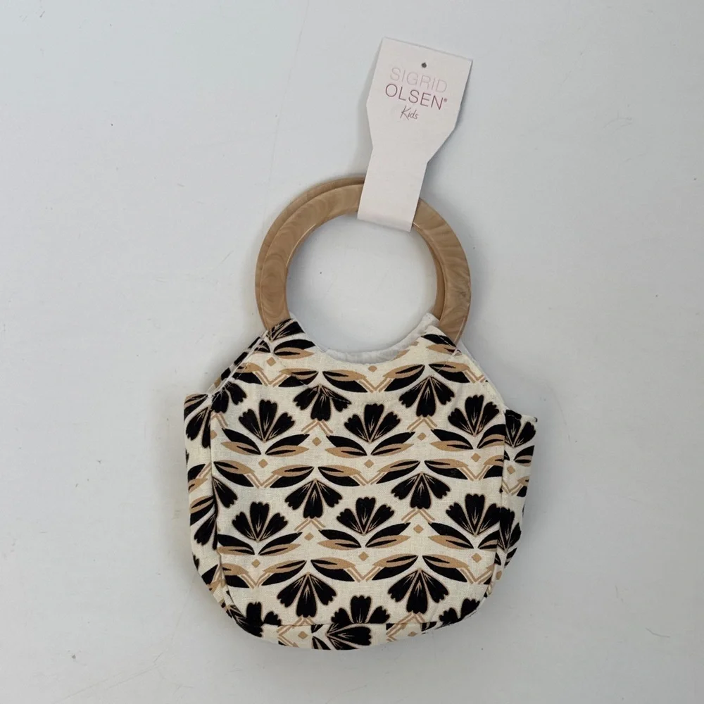 NWT Sigrid Olsen Kids Mini Purse in Black and Tan Floral Motif 5.5”H x 6”W